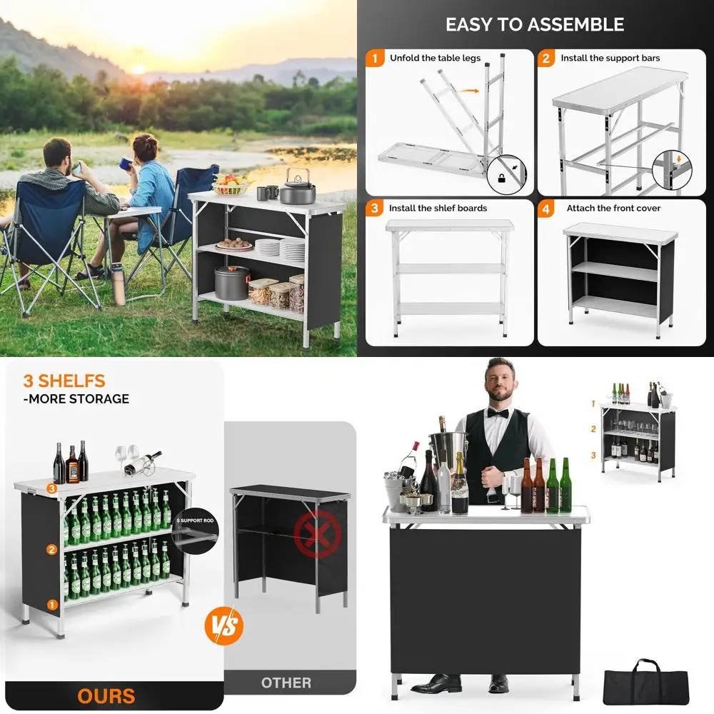 

3-Tier Portable Bar Table with Black Skirt, Ideal for Events, Parties, Camping, Picnics, Tradeshows, Indoor Use, 39L x 34H
