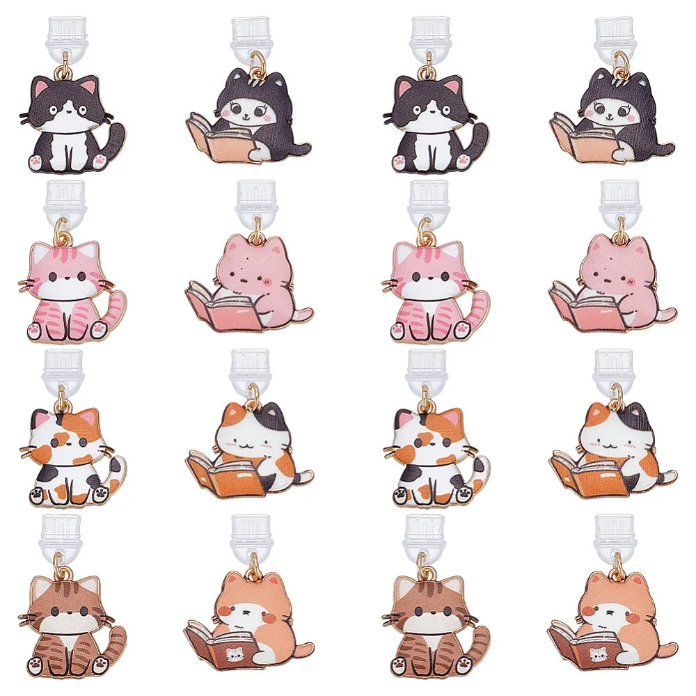16Pcs 8 Styles PVC Mobile Dustproof Plugs with Alloy Enamel Cat Shape Pendants Light Gold Mixed Color 33~35mm 2pcs/style
