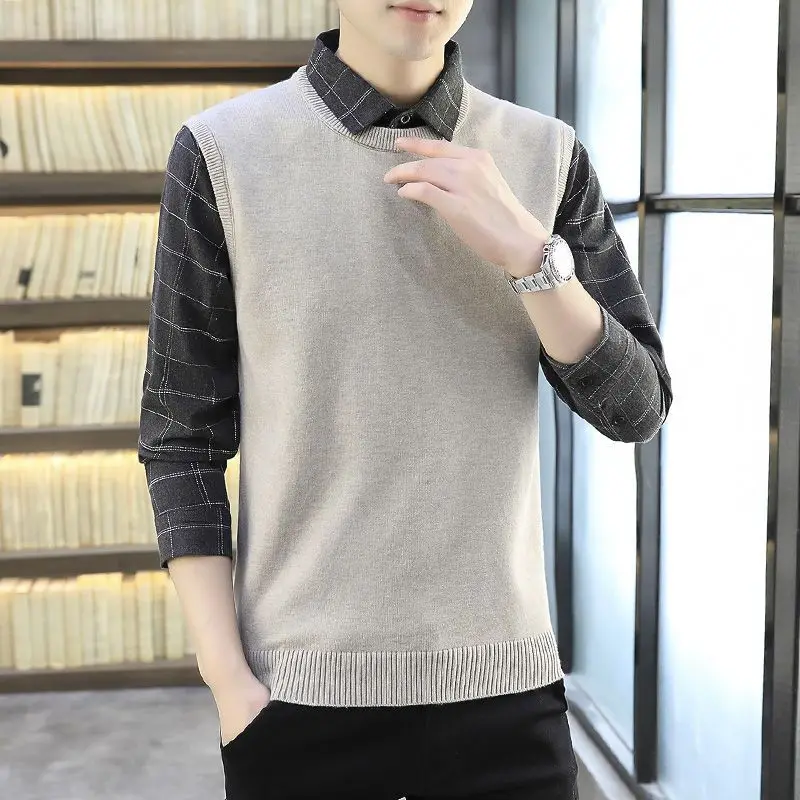 Autumn Winter Fashion Turn-down Collar Long Sleeve Striped Fake Two Pieces Pullovers Men\'s Clothing Korean Casual Knitting Tops