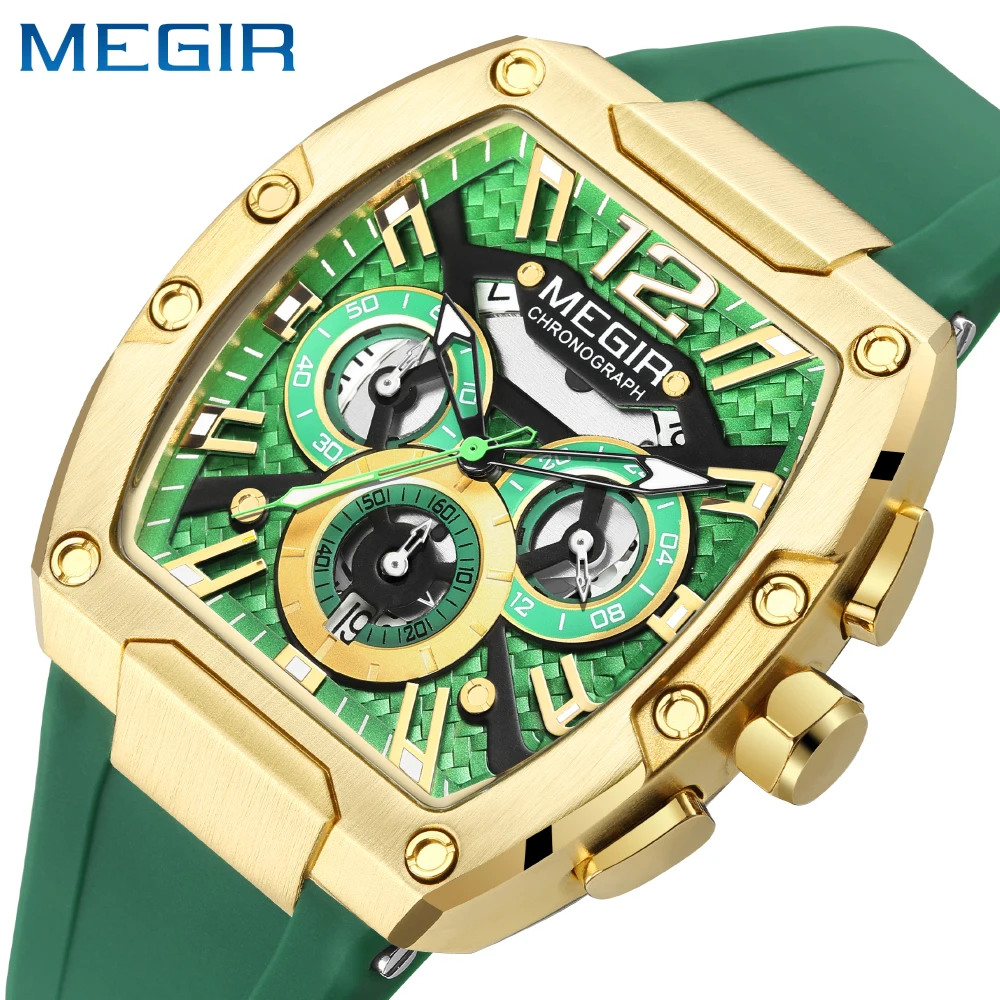 MEGIR Quartz Watch for Men Waterproof Silicone Strap Fashion Tonneau Case Chronograph Sport Wristwatch with Date Luminous Hands