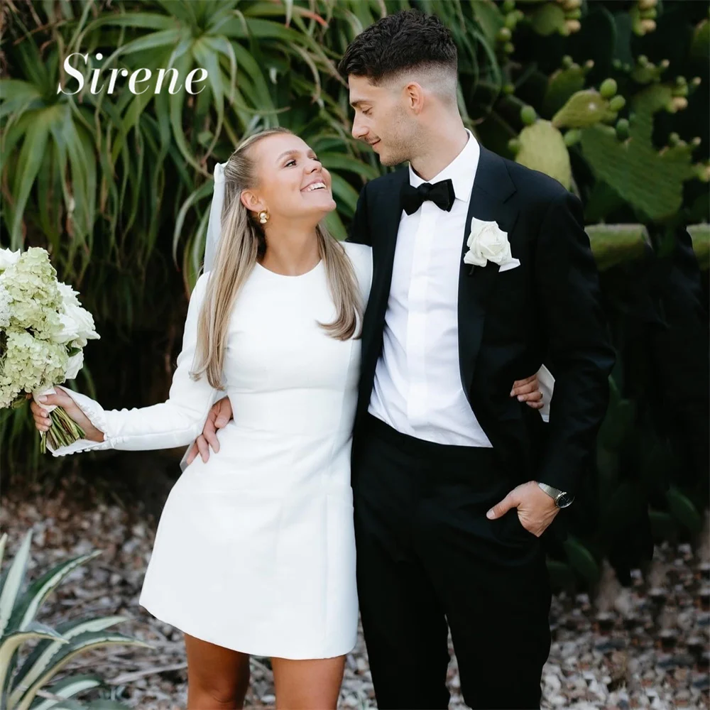 

Sirene Simple Long Sleeve Mini Short Stain Wedding Dress Elegant A-Line Above Knee Length O-Neck Lawn Bridal Gown Robe de mariée