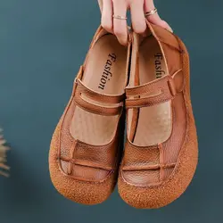 Genuine Leather Ballet Flats Woman Designer Plain Mary Jane Shoes Women's Loafer Ladies Handmade Low Vamp Shoes Brown Moccasins