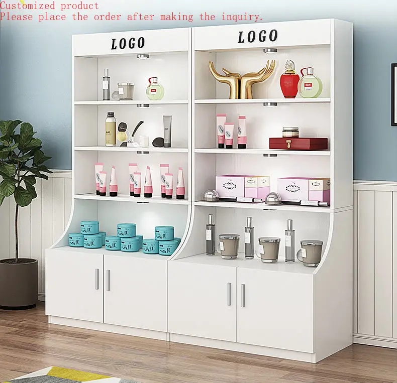 

Custom.HIKUYA Supermarket Retail Melamine Surface Panels Showcase Cabinet Side Wall Display Shelf Cosmetic Shop Display