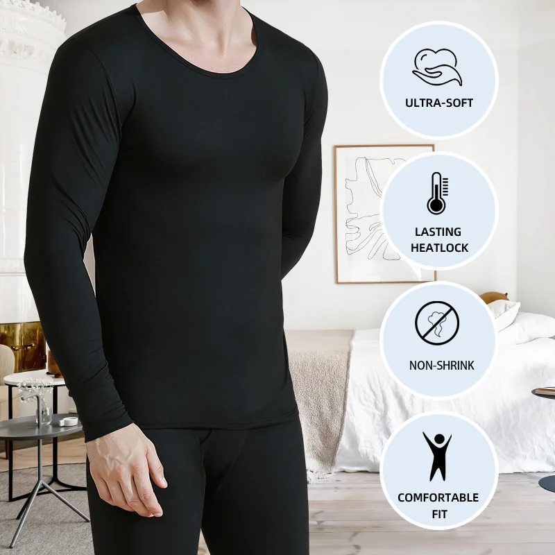 Winter Men Thermal Underwear Set Round Neck Long Johns Double-side Brushed Fabric Top & Bottom Keep Warm Soft Clothing Pajamas