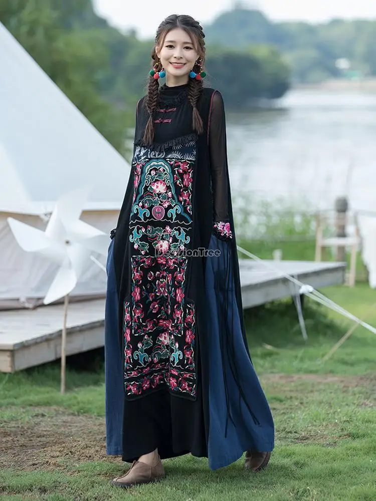 

2023 chinese national style women embroidery flower retro cheongsam button daily dress spring and autumn waistcoat long skirt