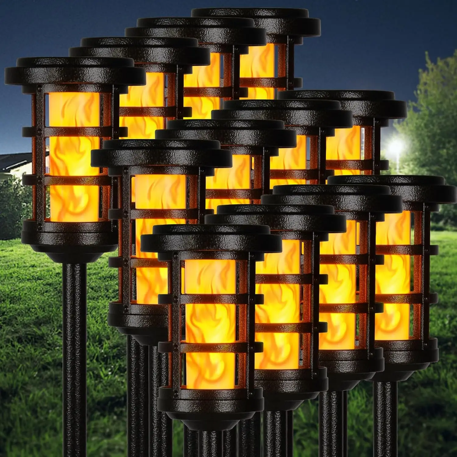 Lights Heavy Duty Metal 12 Pack, Aluminum Torch Lights with Flickering Flame Outdoor Pathway Decoration Lighting Auto On/Off for