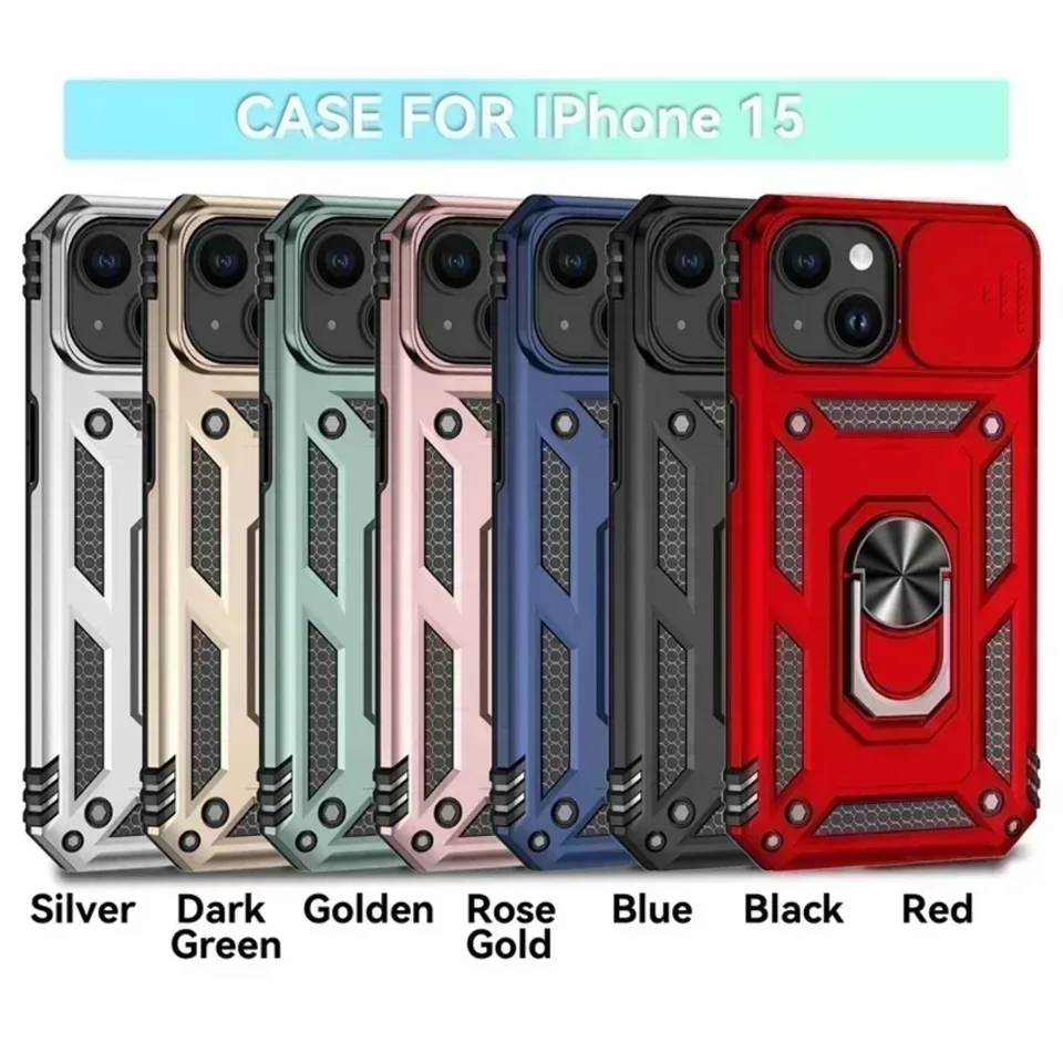 Funda blindada de grado militar con anillo giratorio y lente de cámara deslizante para iPhone 17 16 E 14 13 12 11 15 Pro Max Plus Mini 6