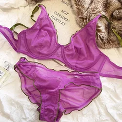 2 Pieces French Ultra Thin Underwear Set for Women Sexy Lace Push Up Bra Set Summer Mesh Comfort Breathable Lingerie and Panties
