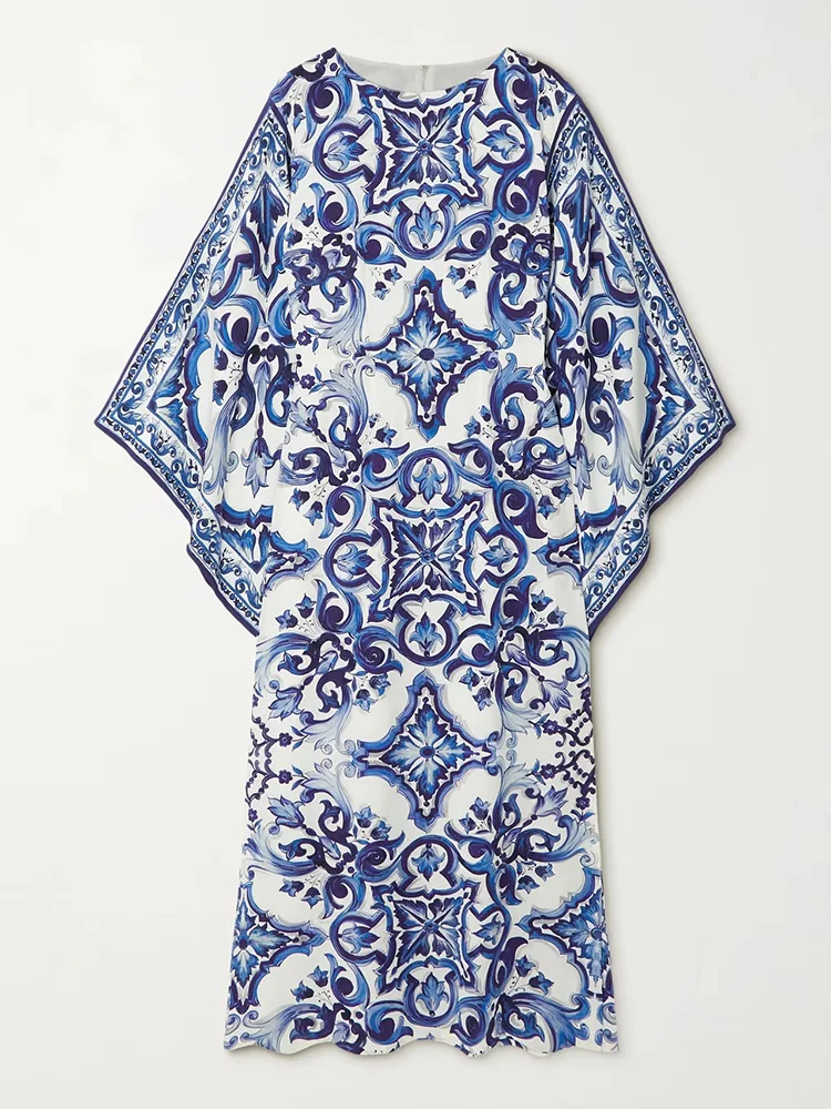 Party Dress Patchwork Printing Loungewear Women Summer Loose Maxi Dress Casual Three Quarter Sleeve O-Neck Ladies Dress Vestidos