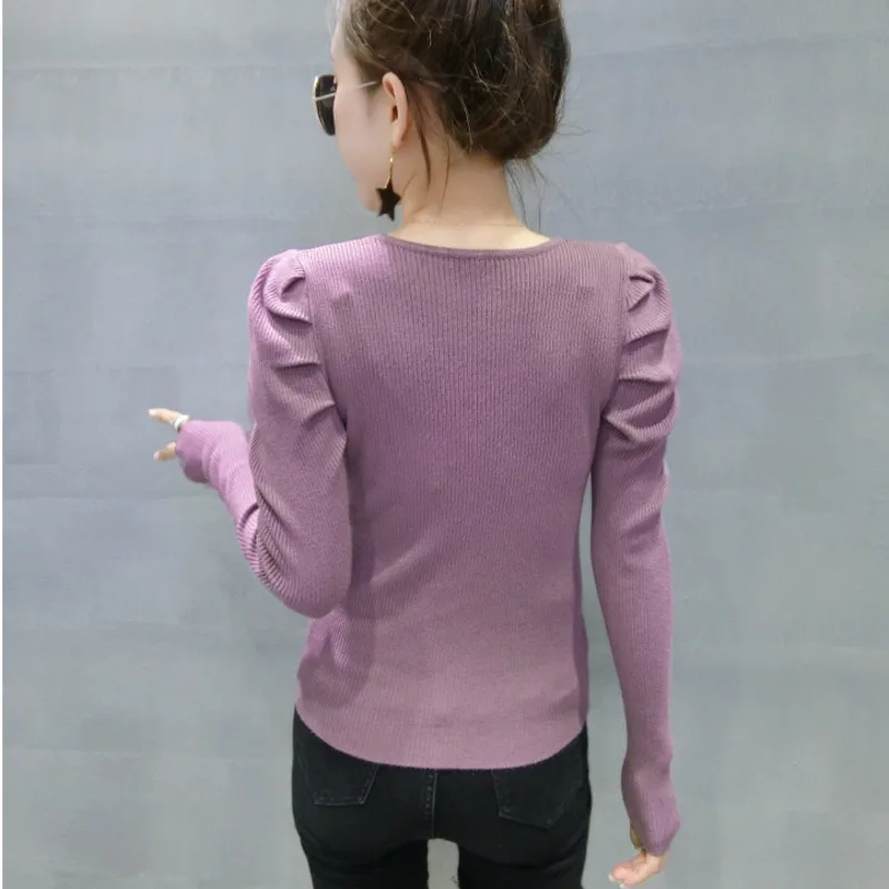 #4302 Black White Purple Green Casual Knitted Sweater Women Turtleneck Pullovers V Neck Sexy Tight Female Sweater Puff Sleeved