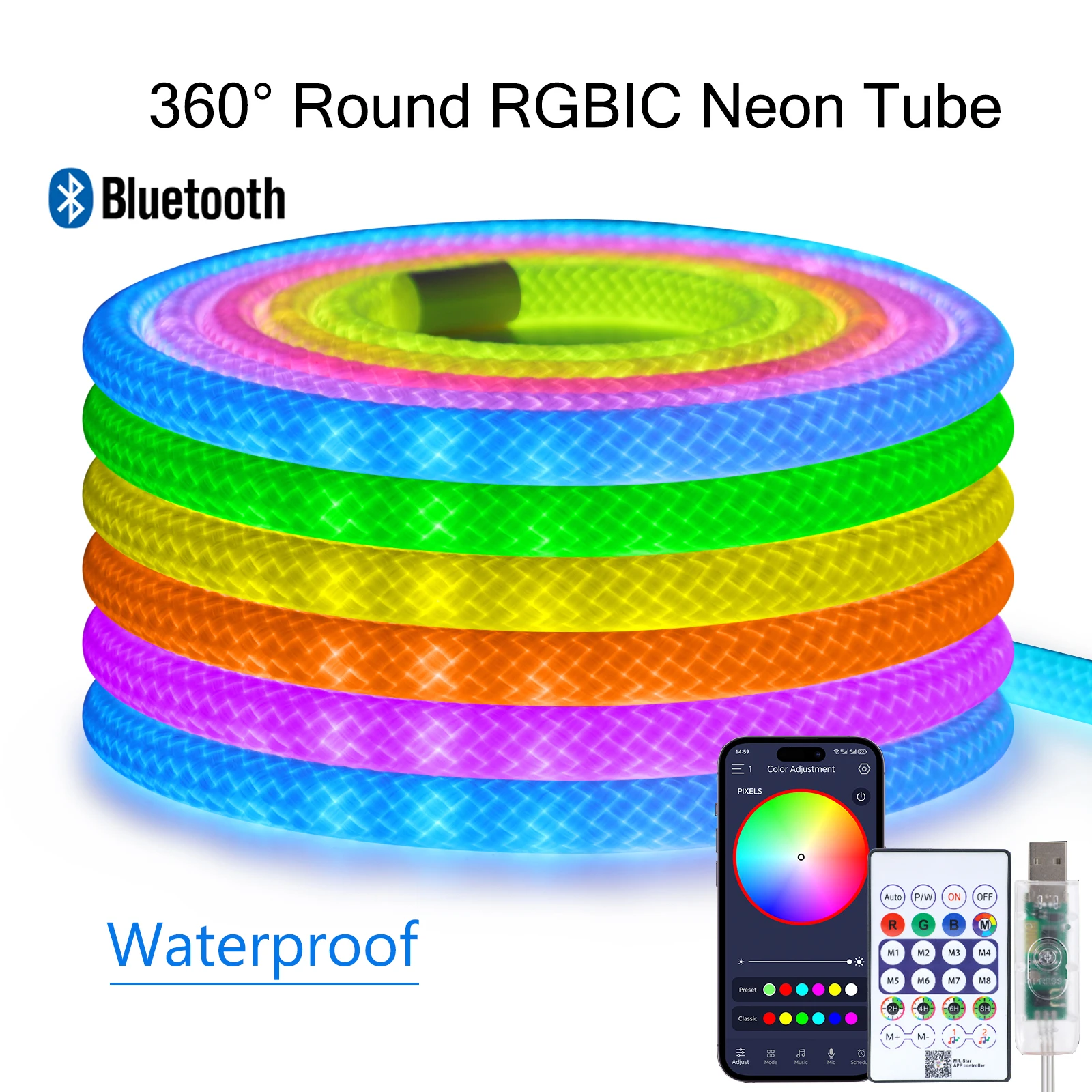 

5V USB RGBIC Neon Rope Light 5M IP67 Round Reticulate Pattern Neon LED Strip with Bluetooth App and Remote For DIY Neon Lighting