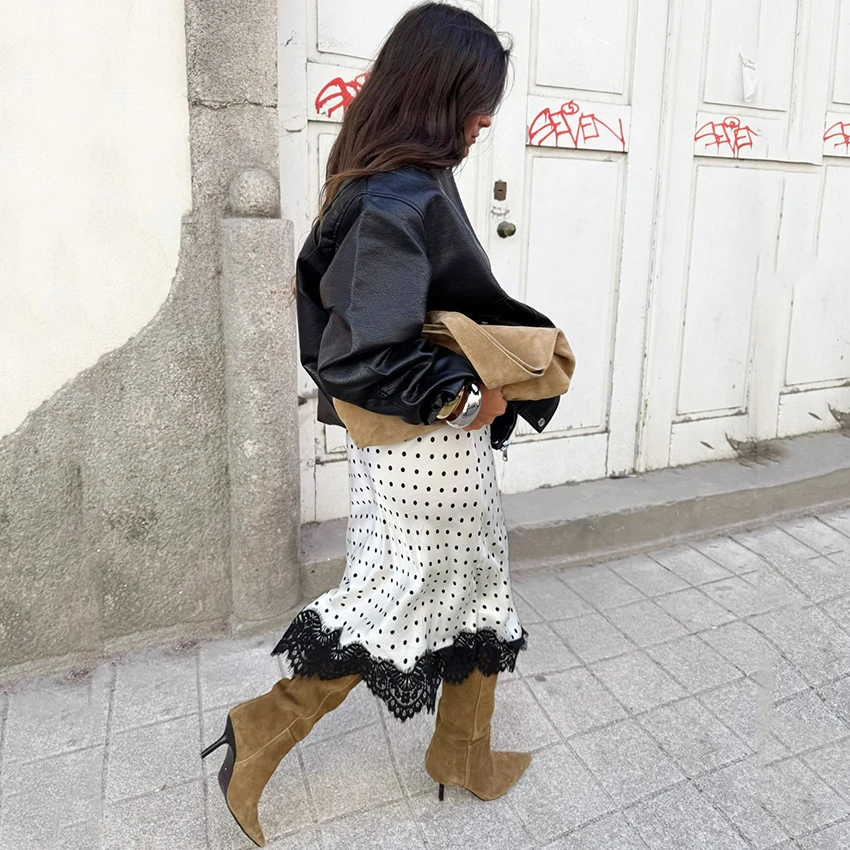 Linad Street Chic Polka Dot Midi Röcke Für Frau Herbst Elegante Spitze Gerade Rock 2025, Casual Satin Mittlere Waden Rock Weibliche