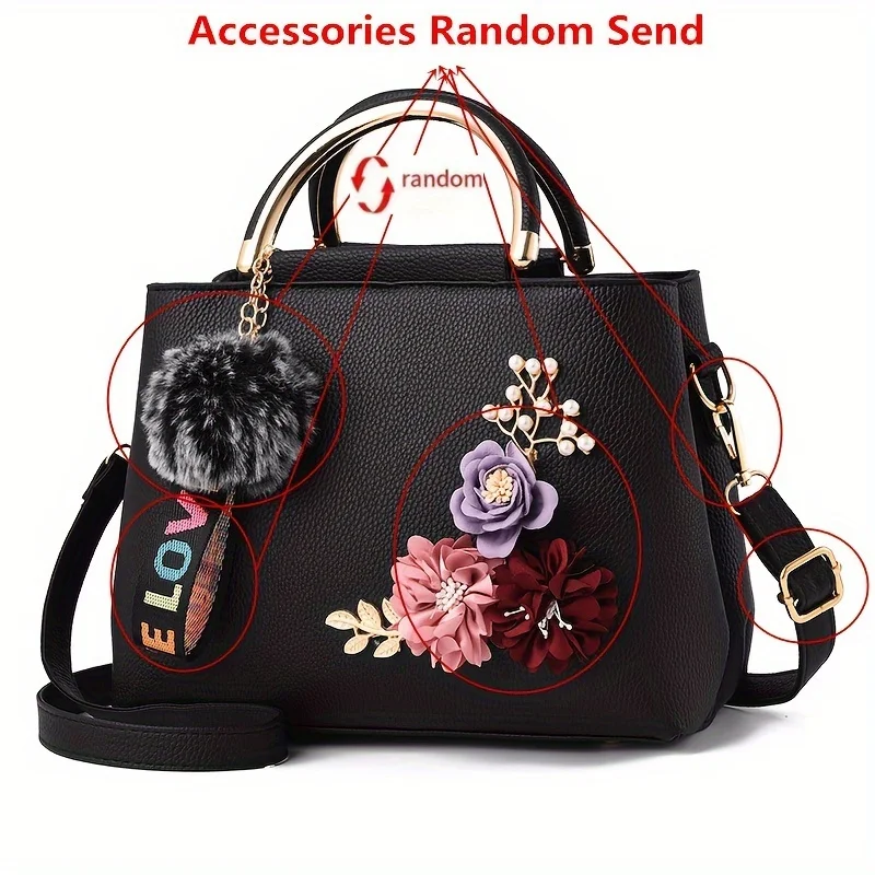 3D Flower Decor Handbag, Women\'s PU Leather Crossbody Bag, Fashion Small Top Handle Purse