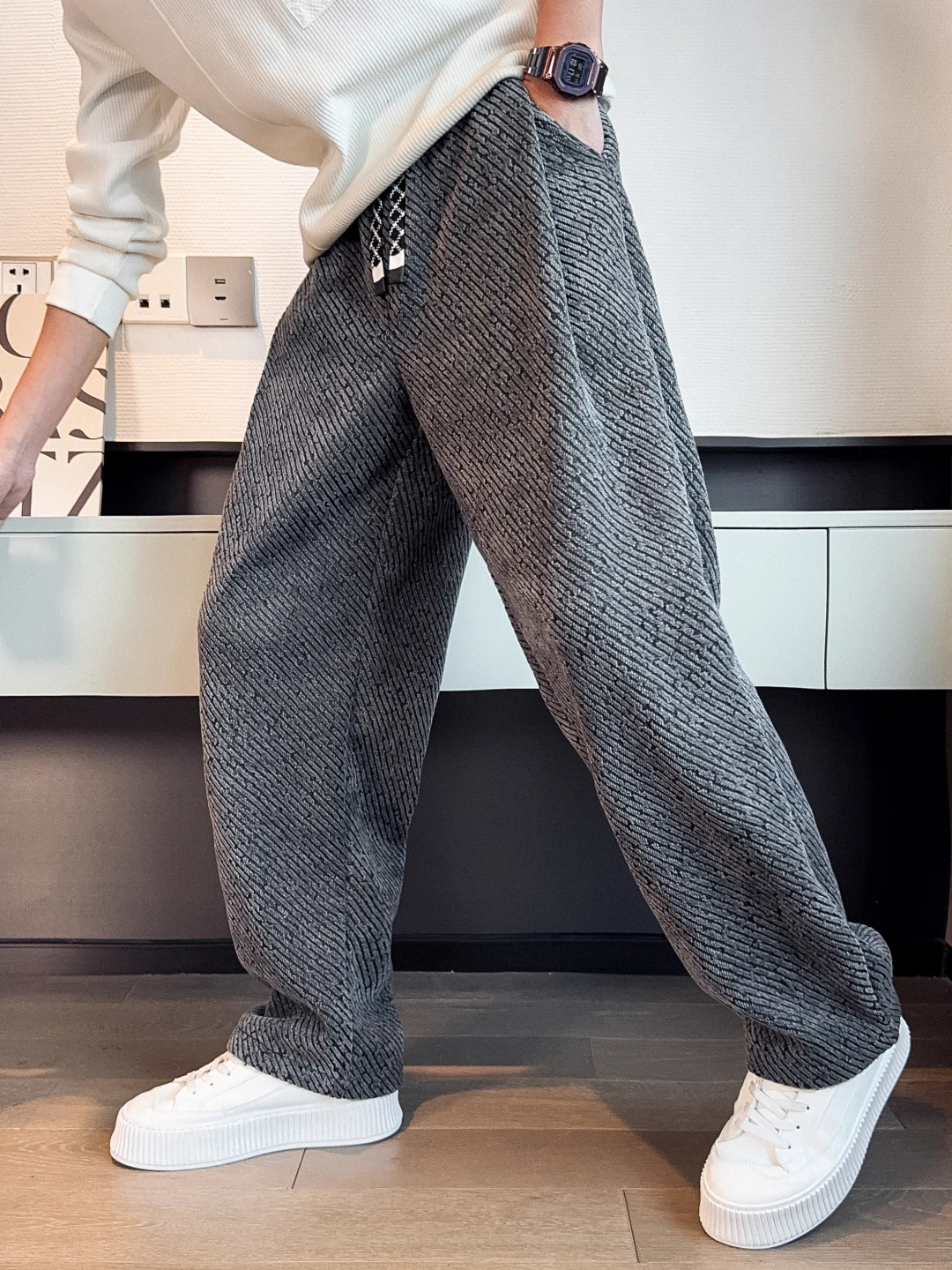 

Мужские брюки прямого кроя на флисовой подкладке, повседневные свободные широкие брюки, спортивные, осенне-зимние, новые, модные, брендовые