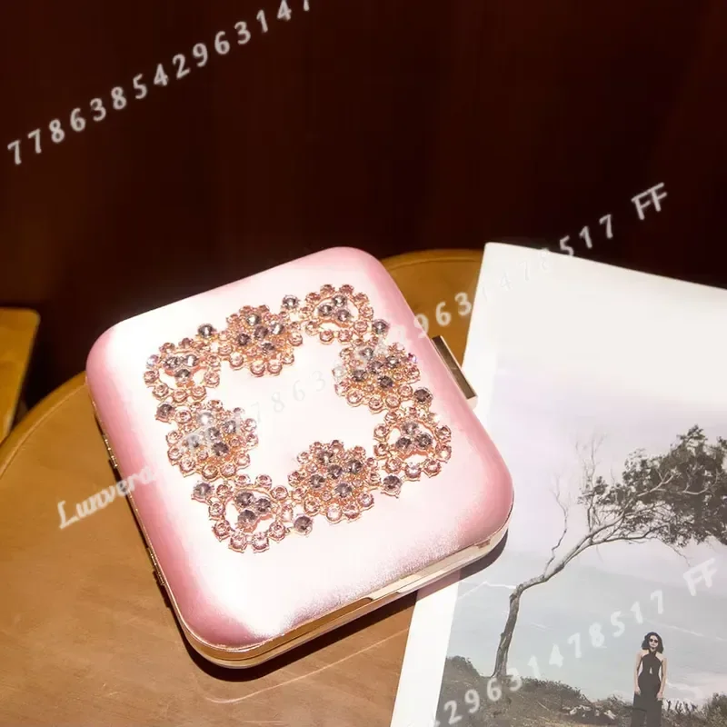 Floral Small Square Box Bag Women Clutch Purse Rhinestone Decorated Elegant High End Crossbody Messenger Bag for Party