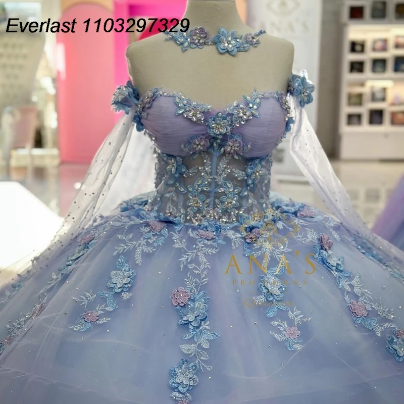 EVLAST Princess Blue Quinceanera Dress Ball Gown Lace Applique cristalli di perline con mantello Sweet 16 Vestidos De 15 Anos TQD766