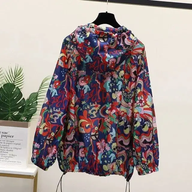 2023 Spring Printed Double Zipper Coat Women\'s Fashion Casual Thin Hooded Windbreaker Sun Protection Clothing