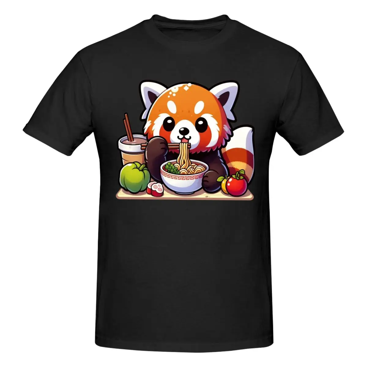 Men Kawaii Red Panda Eating Ramen Noodles Trendy T Shirt Streetwear O-neck Cotton T Shirts