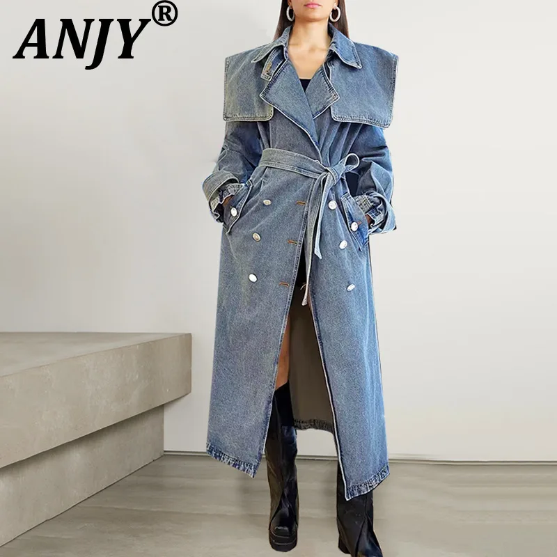 

ANJY 2025 Autumn Winter New Women Fashion Lace-Up Waist-Cinching Denim Trench Coat Trendy Elegant Temperament Tide Jacket A14632
