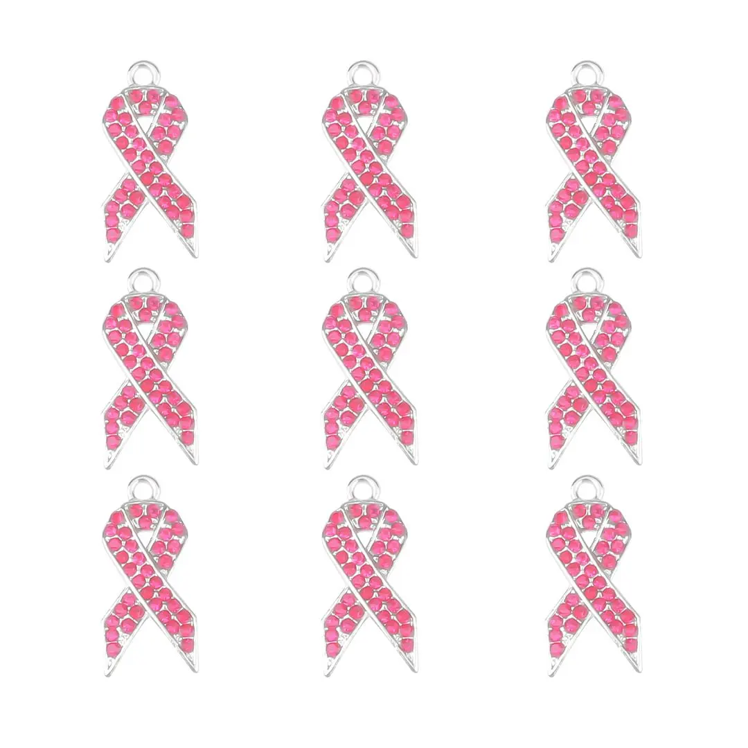 30pcs Pink Ribbon Breast Cancer with rhinestone Charms for DIY Jewelry Making