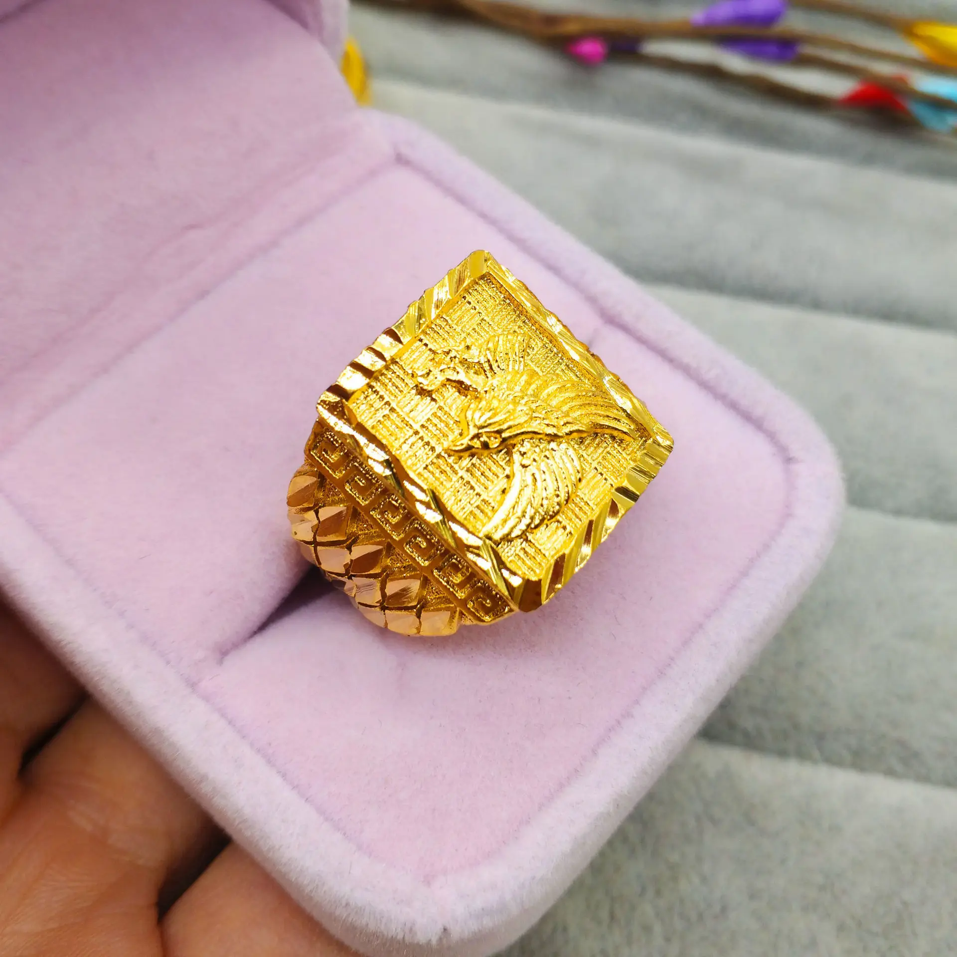 فاخر 24K 9999 الذهب الخالص الذهب الحقيقي الرجال النسر افتتاح حلقة قابل للتعديل الدائري #2