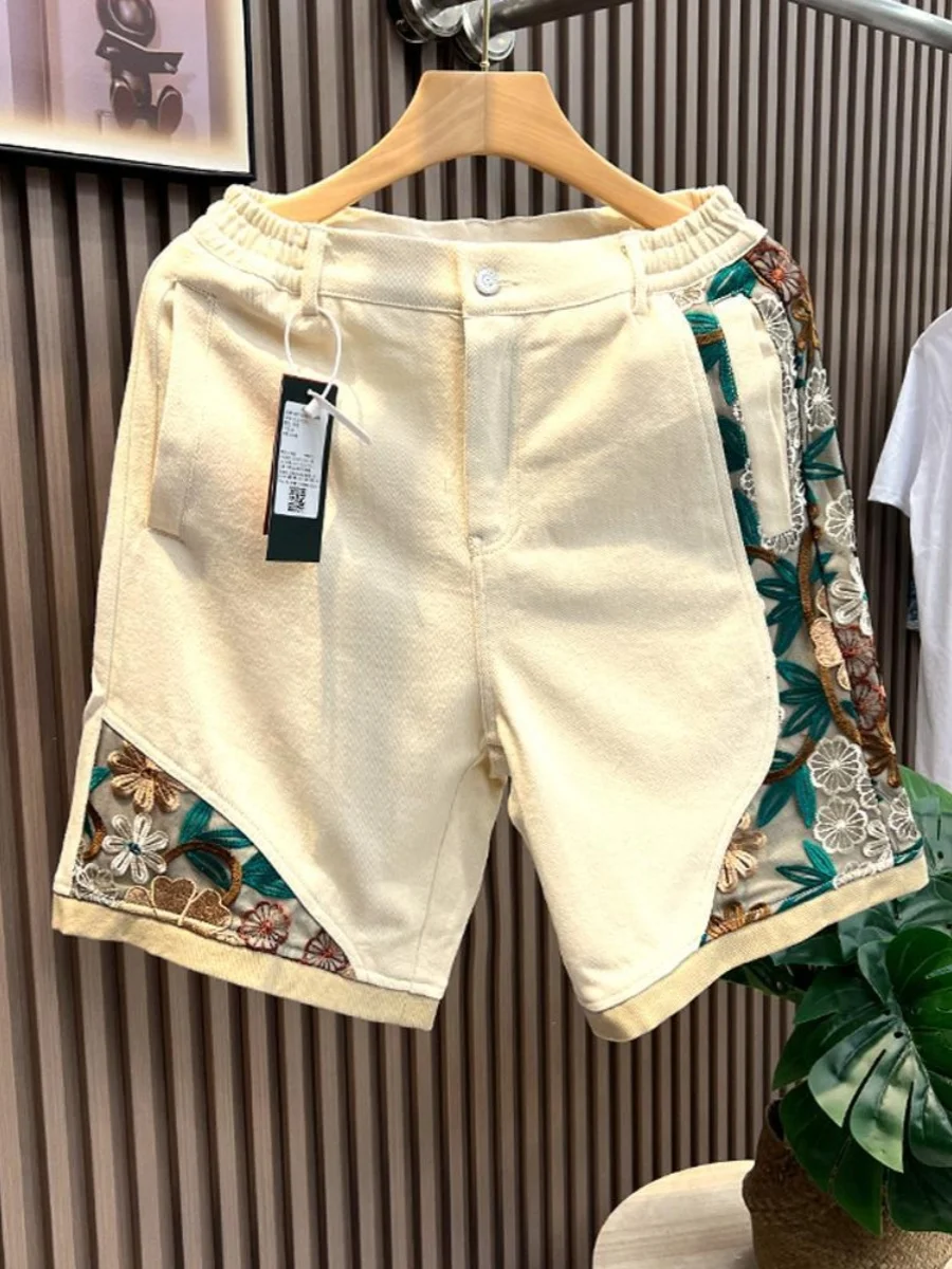 

Большие размеры 300 Pou, американская рабочая одежда с вышивкой в стиле ретро, мужские летние модные свободные широкие брюки, повседневные брюки пять четвертей