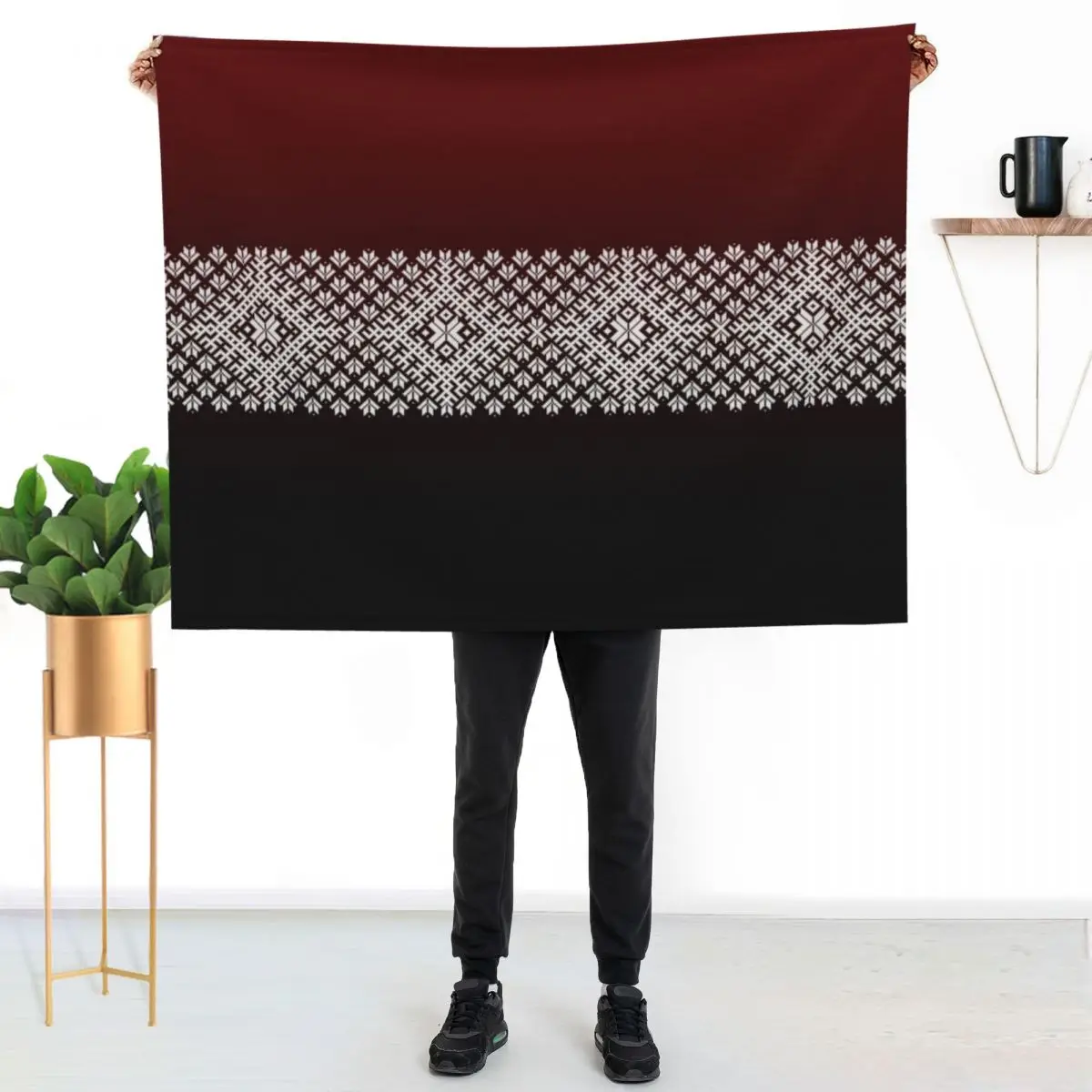 

Red Black and White Latvian Lielvarde Belt motif Throw Blanket Ultra Soft Flannel Fleece Blanket for All Seasons