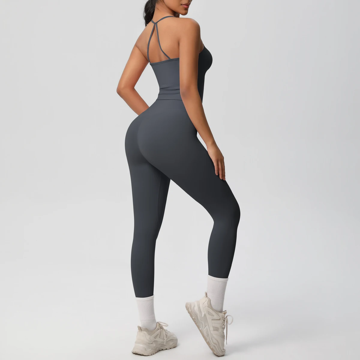 Hochelastisches, sexy, rückenfreies Yoga-Oberteil und -Hose, stoßdämpfendes Lauf-Yoga-Tanktop, einfarbige, schnell trocknende Yoga-Leggings – Detail 20