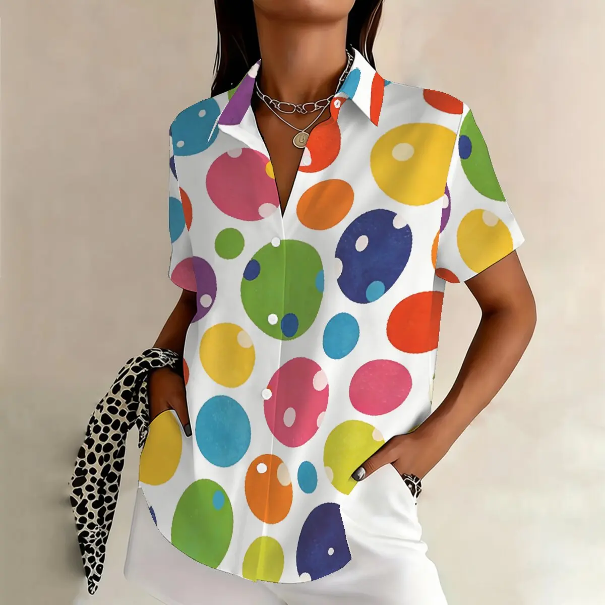 

Летняя женская рубашка больших размеров с короткими рукавами, с забавным принтом в горошек, яркая и омолаживающая, подходит для отпуска, путешествий, поездок на работу.