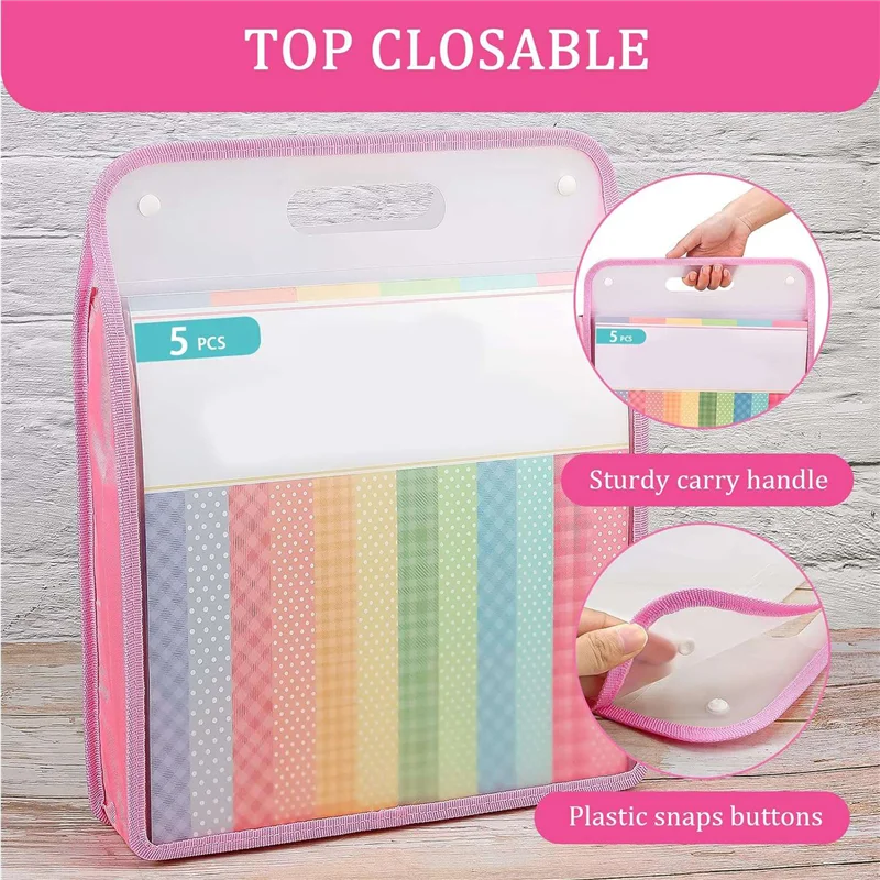 5 Pack Scrapbook Paper Organizer, Pink Expanding Paper Folio, Portable Scrapbook Paper Storage With Button Closure