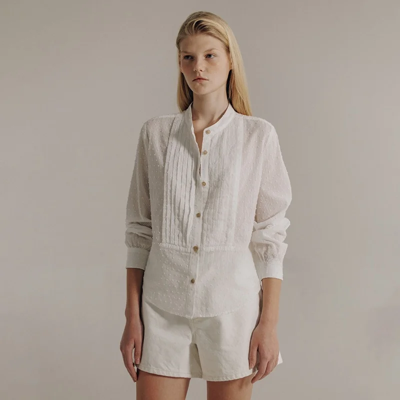 

Pure Cotton round Ne Commuter Versatile Slimming Top irt Korean Sle Long Sve Button Detail Plain Color
