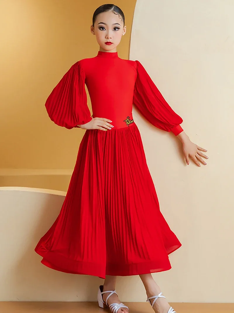 

Kids Girl Long Sleeve Latin Dance Performance Waltz Competition Dancewear Children Big Swing Ballroom Dance Competition Dresses
