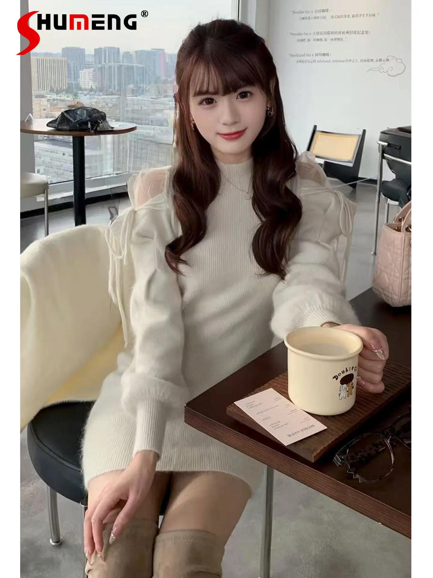 

Japanese Style Elegant Sweet Mesh Patchwork Off-Shoulder Long Sleeve Lace-up Bow Knitted Slim Short Dress for Women Spring 2026