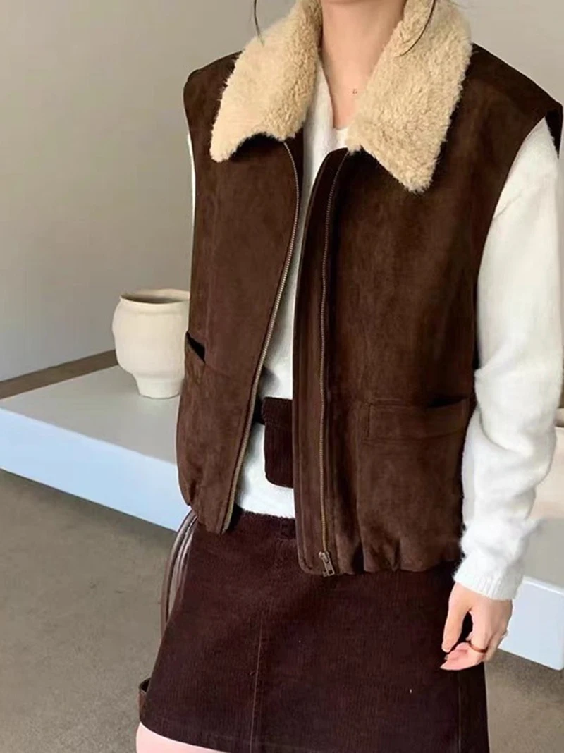 المرأة الخريف الشتاء الرجعية البني سترة أفخم بدوره إلى أسفل طوق جديد هونغ كونغ نمط الوجه طوق أعلى سستة الحصان كليب نمط #5