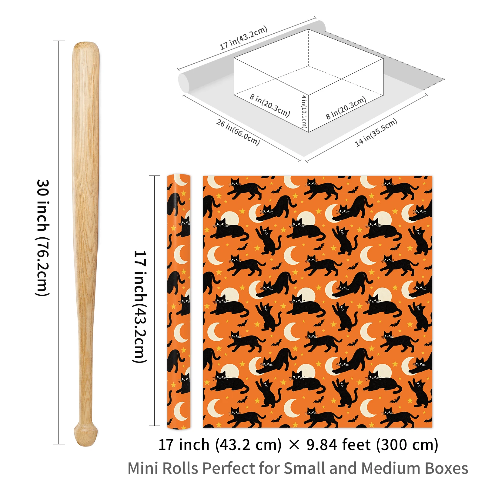 1 Roll of Simple Silhouette Black Cat, Star, Moon, and Bat Pattern Gift Wrapping Paper with Orange Background, Suitable for Halloween Holiday Gift Box Packaging, Halloween Parties, Birthday Celebrations, DIY Floral Arr