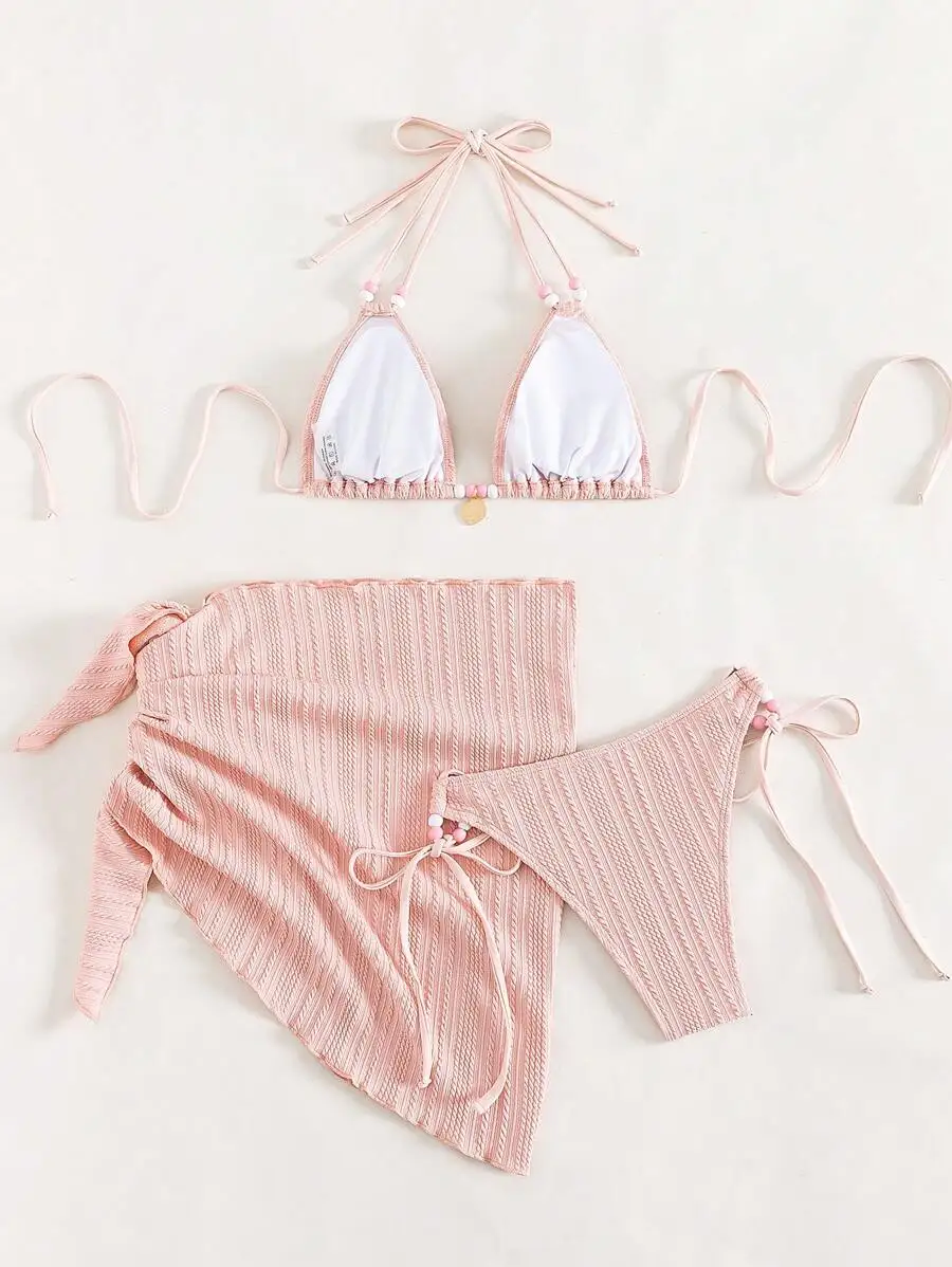 Swim Mod Summer Beach Halter Triangle Bikini Set With Beach Skirt