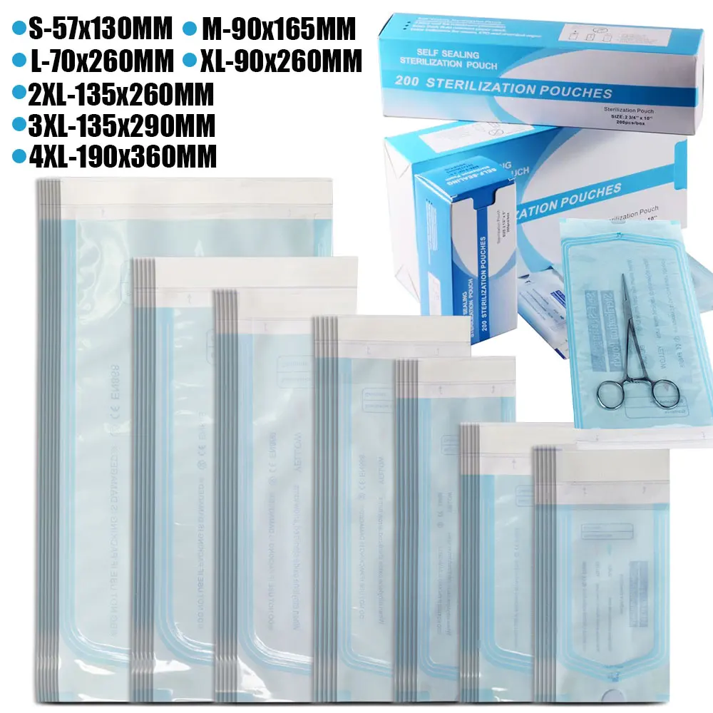 200/10PCS Self-sealing Sterilization Pouches Bags 7 Sizes Disposable Dental Sterilization Bags Storage Bag Tattoo Accessories