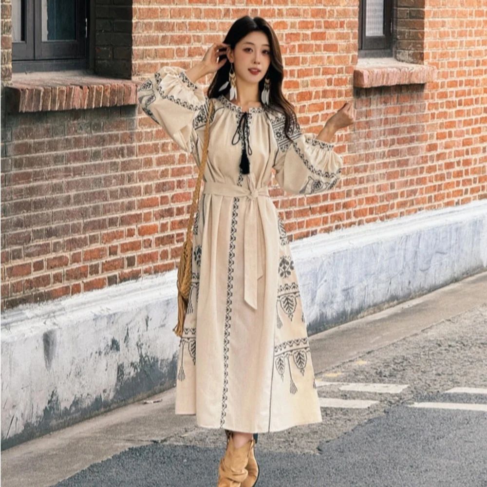 Bohemia Retro Ethnic Style Heavy Embroidery Waistband Waist Cinching Dress Women's Lace Up Collar Lantern Sleeve A-line Dress