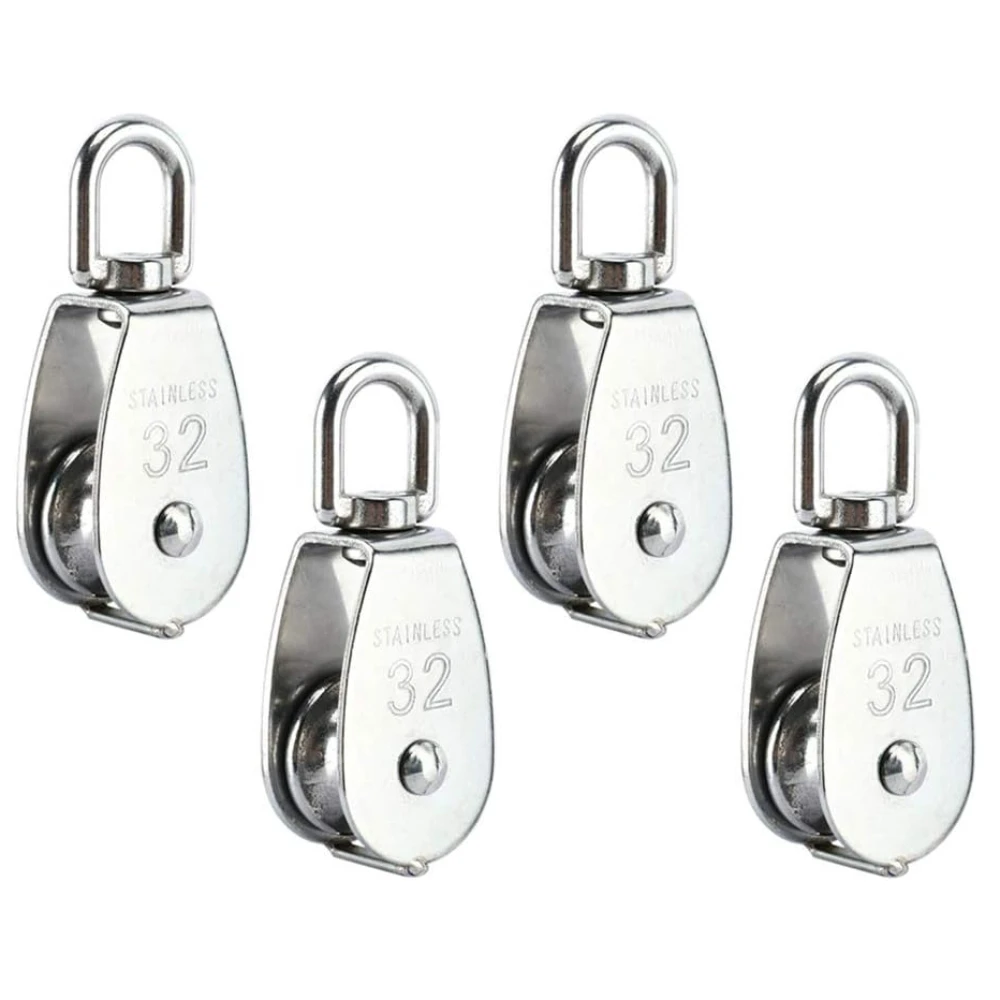 4Pcs M32 Single Pulley Block, Creatiee-Pro Heavy Duty 304 Stainless Steel Pulley Roller Crane Swivel Hook, Wheel Swivel Rigging