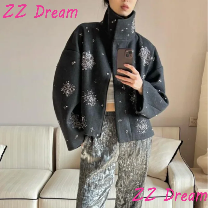 Embroidery Beading Loose Zipper Coat For Women Lapel Collar Bat Sleeve Solid Wool Blend Jacket 025 Autumn Casual Lady Outerwear