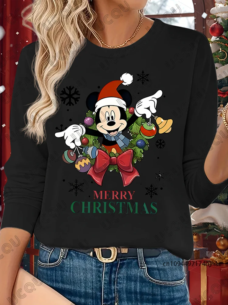 Świąteczna, urocza koszulka z długim rękawem z nadrukiem Disneya, Myszki Miki i Minnie dla kobiet, jesienna, codzienna koszulka z okrągłym dekoltem, oversize, dla par, topy w stylu Y2K.