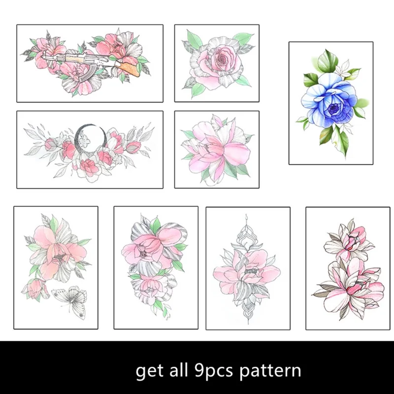 9pcs Beautiful Color Chest and Shoulder Tattoo Flower Tattoo Stickers