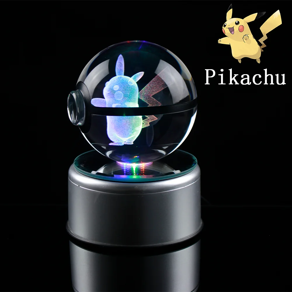 Pokemon 3D Crystal Ball Figure Engraving Pikachu Charizard Gengar With LED Light Base Anime Glass Ball Child Christmas Gift Toy image 4