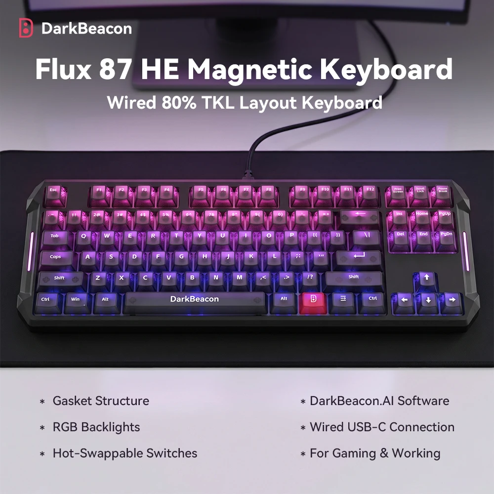 DarkBeacon Wired Magnetic Switch Keyboard Type-C Typist 87 Keys Gaming Hall Effect Keyboards 80% Layout RGB Backlight Keyboards