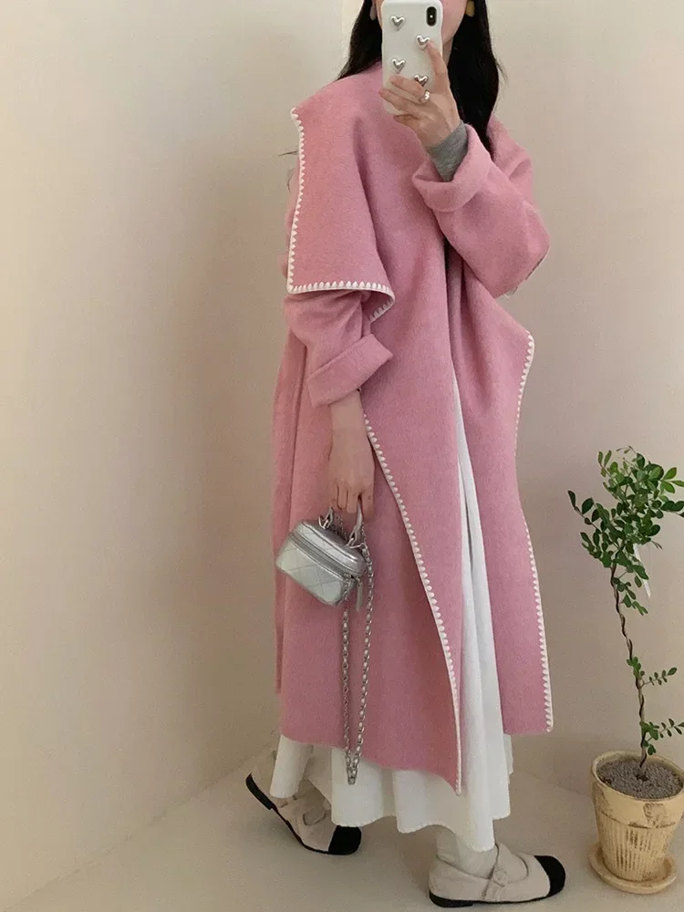 

New Winter Big Lapel Warm Cashmere Wool Coat Women Long Double-sided Long Sleeve Wool Coat Femael Loose Lace-up Fashion Autumn