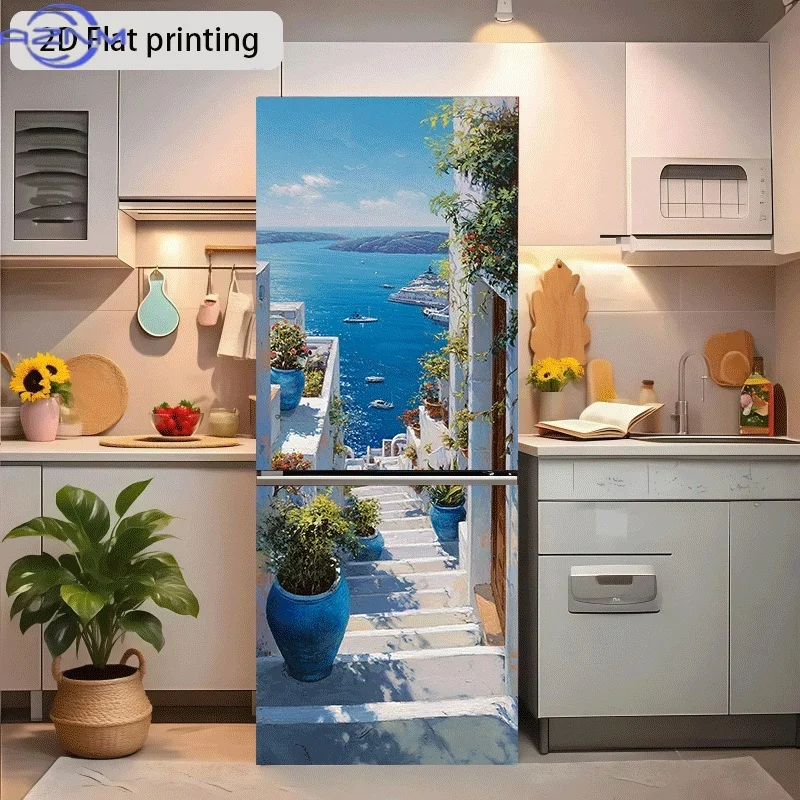 2D Flat Printing 1 Large-Sized Refrigerator Sticker  Santorini Ladder Scene Themed Design, Self-Adhesive Wall Decal Wallpaper,