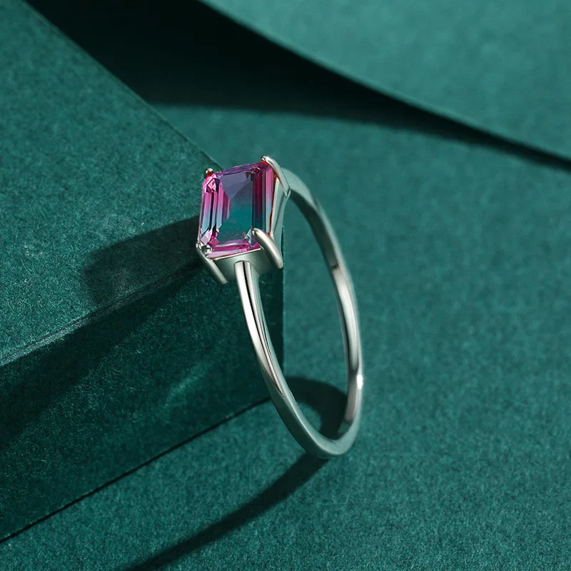 

GL s925 Pure Silver Simple Sweet Long Rectangle Imitation Melon Tourmaline Elegant Ring - A Great Gift