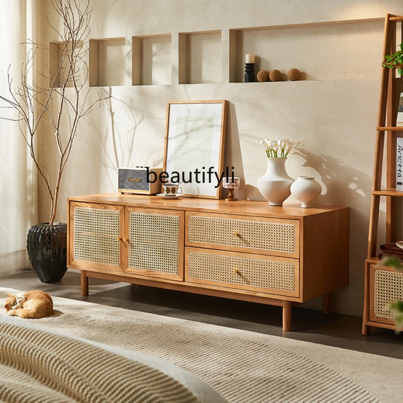 Rattan TV Cabinet Modern Minimalist Floor  Living Room Storage Cabinet Japanese Household Audiovisual