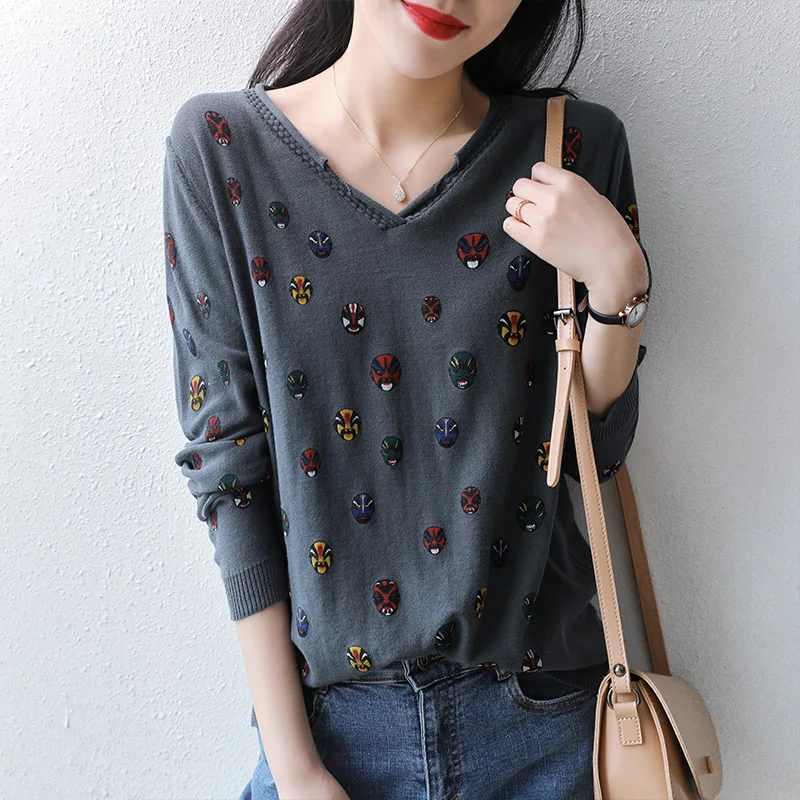 Women's Pullover Autumn/Spring New 100% Cotton Sweater Casual Face Knitwear Ladies' Tops Loose V-Neck Printed Blouse