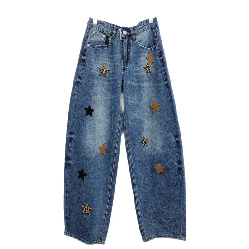 Hot Chick Stars Embroidery Straight Jeans 2026 New Spring Autumn All-match High Waist Floor-length Wide Leg Women Denim Pants